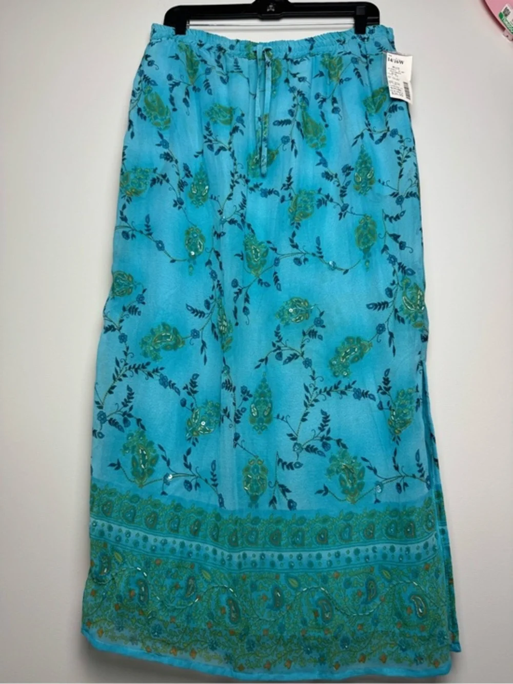 NWT Vintage Fashion Bug Turquoise Blue Maxi Skirt with Green Paisley Print